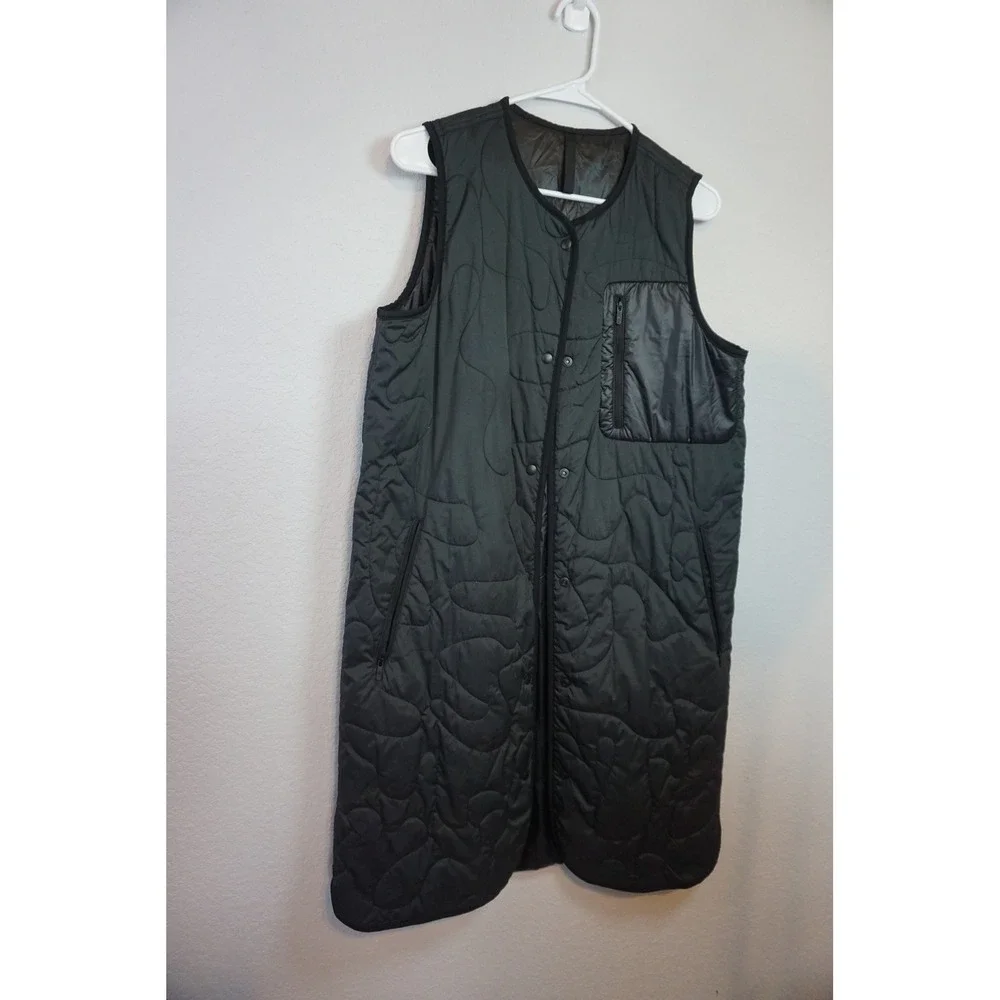 Primaloft Longline Quilted Vest Black Sleeveless Puffer Jacket Snap Front Pocket
